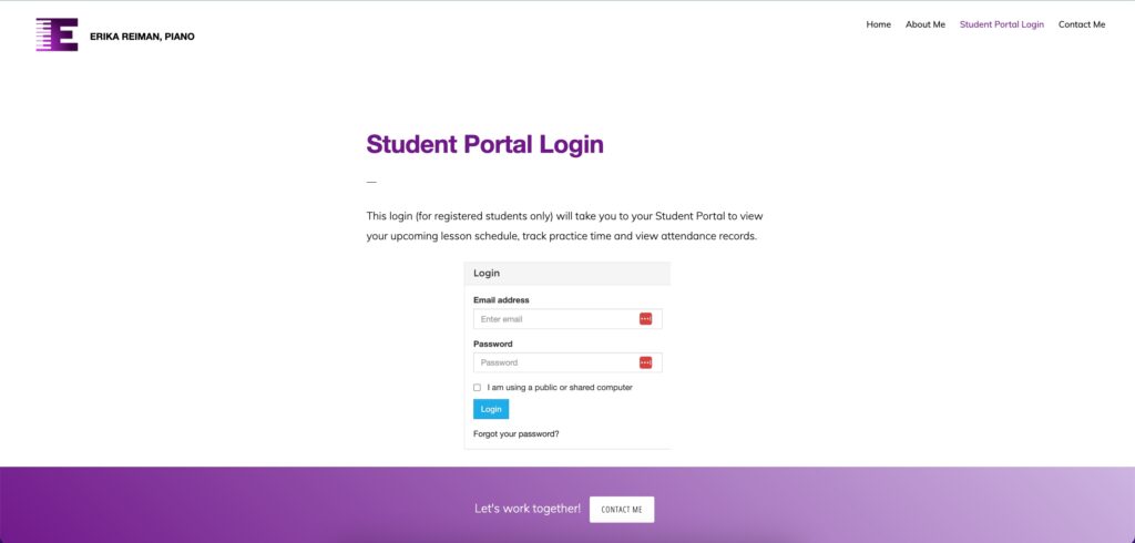 erika's student portal login page